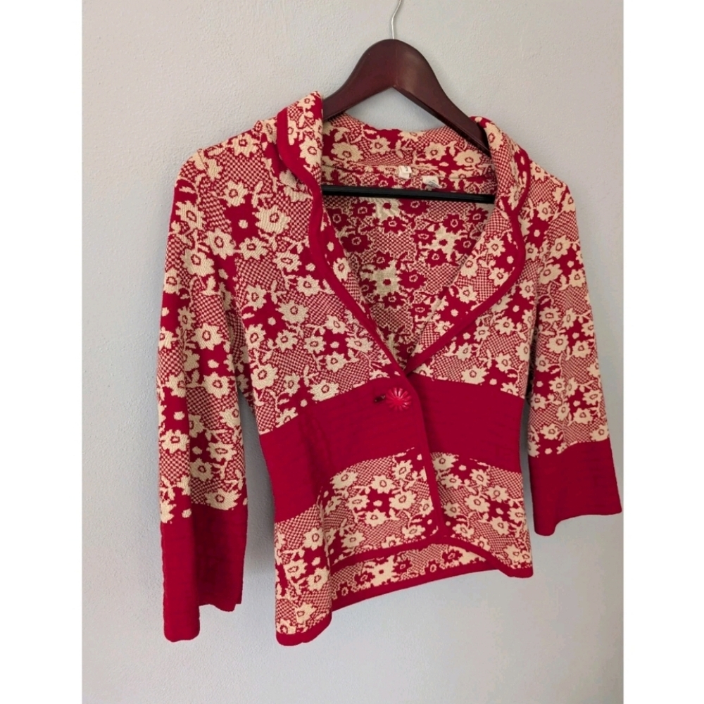 Anthropologie Moth Red and Tan Floral Knit Cardigan Sweater With Button Small - Picture 3 of 8